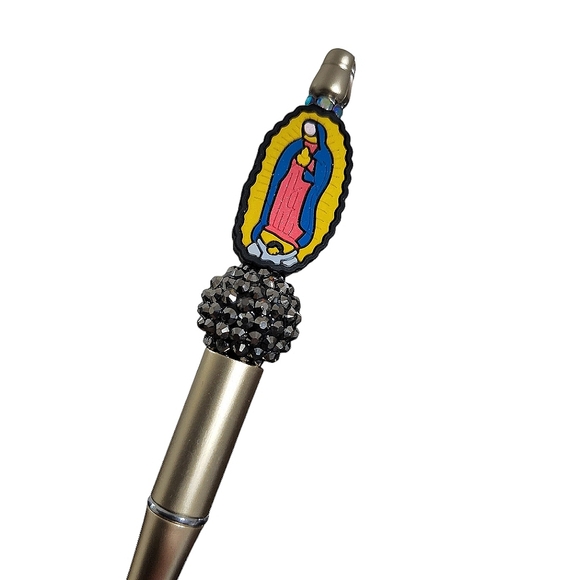 Virgen De Guadalupe Handmade Beaded Ballpoint Twist Pen Gold Focal Bead - Picture 2 of 6